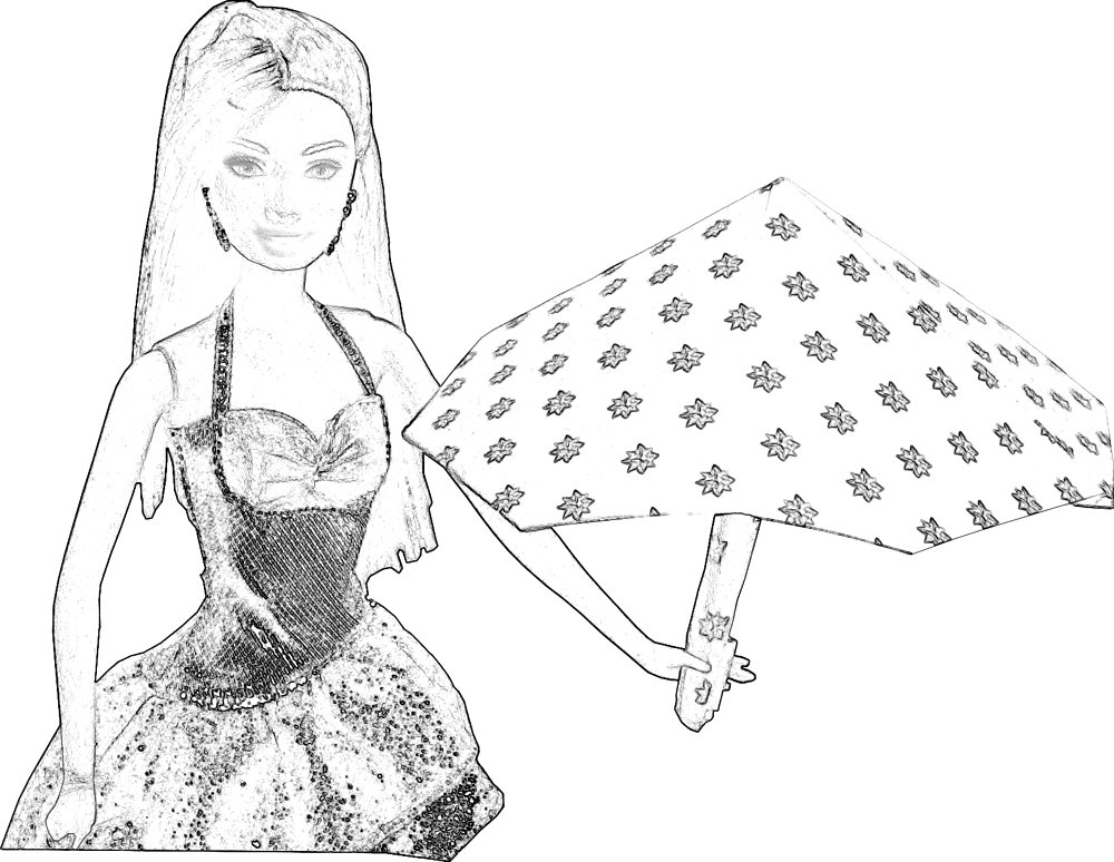 colouring picture of barbie with an origami umbrella