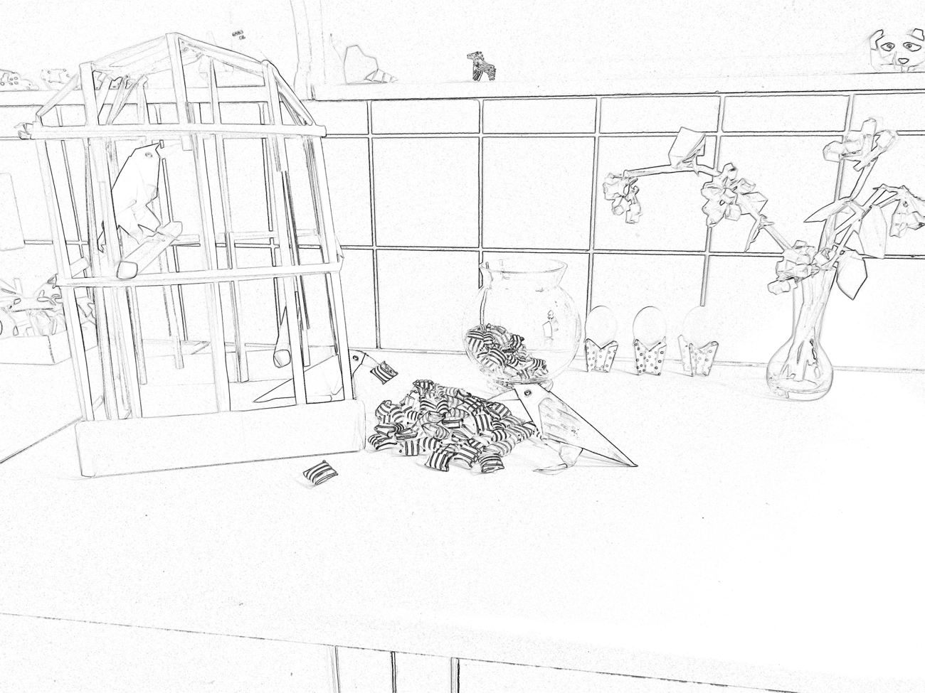 Colouring picture of origami birds in a bird cage