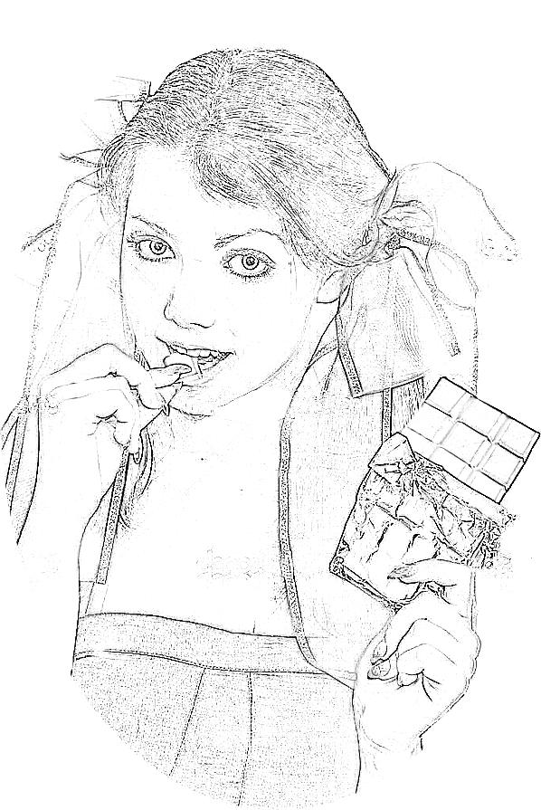Kleurplaat van een meisje met een reep chocolade