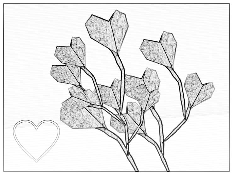 colouring picture of an origami branch with heart shaped leaves