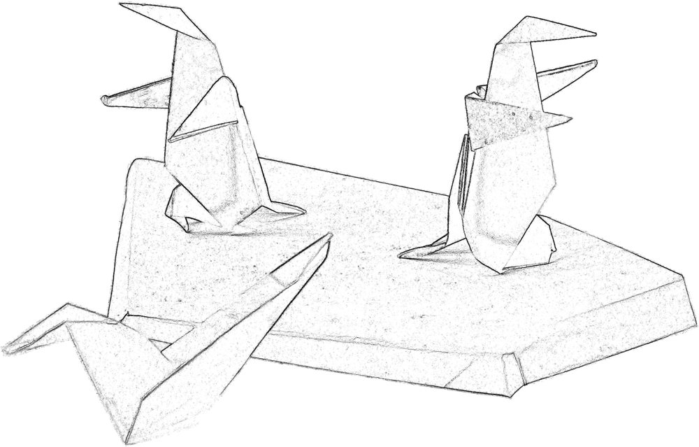 colouring picture of two origami penguins on the ice