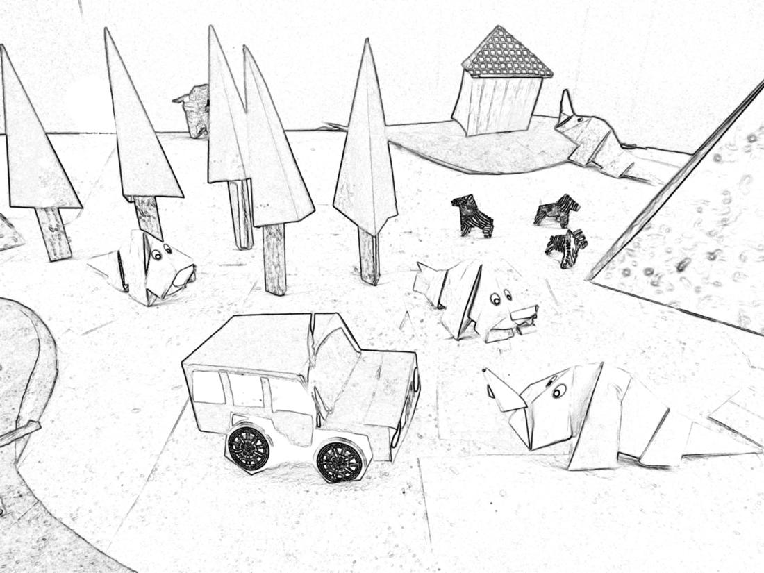 Colouringpicture of origami rhinos and a jeep