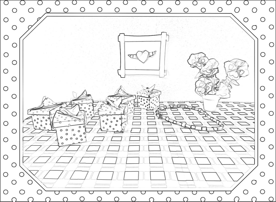 Colouring picture of origami polkadot boxes