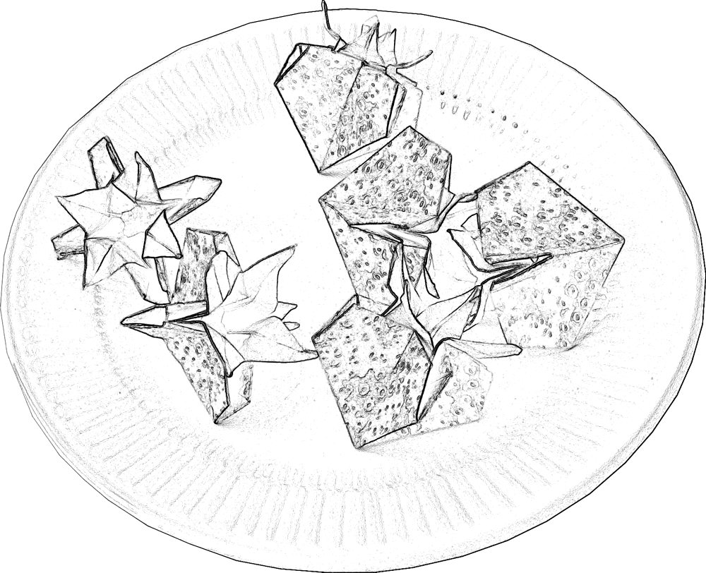 colouring picture of origami strawberries on a plate