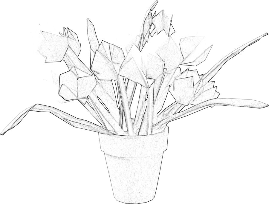 Kleurplaat van een potje met kleine tulpen