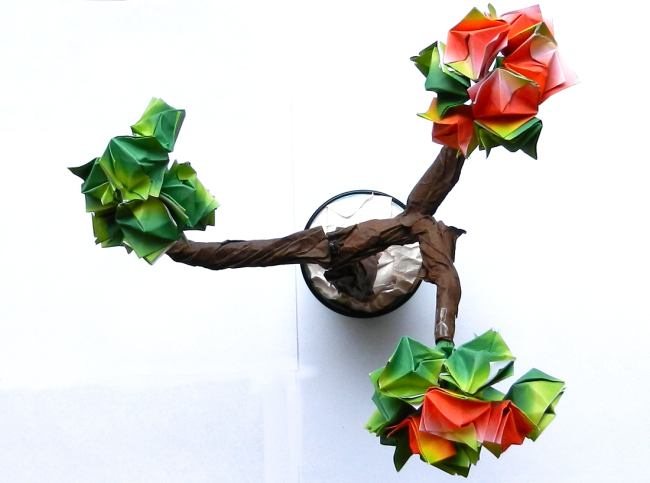 top view of a Bonsai origami plant with buds