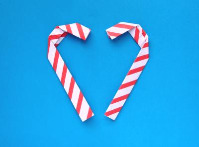 two heart shaped origami candy canes