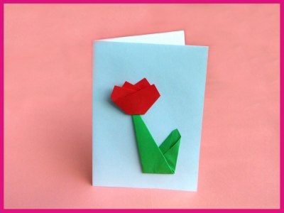 3d origami card with a red tulip