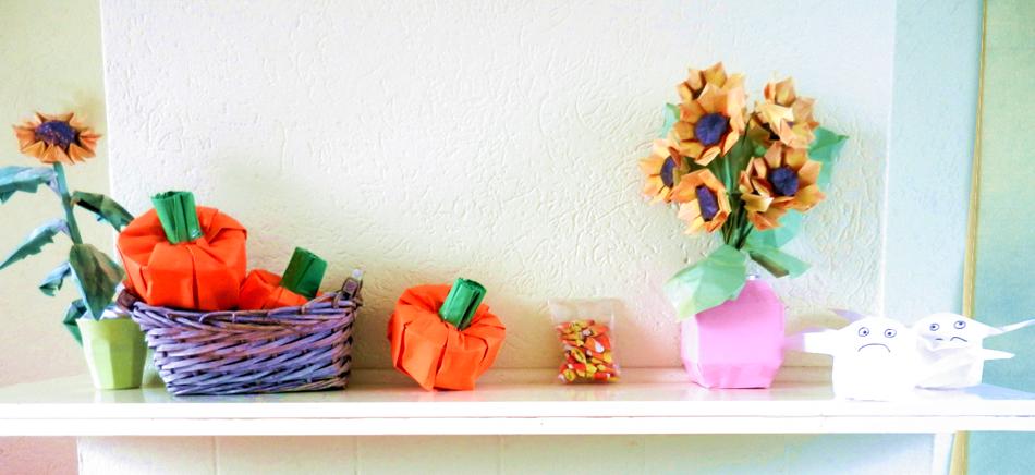 Origami pumpkins and sunflowers