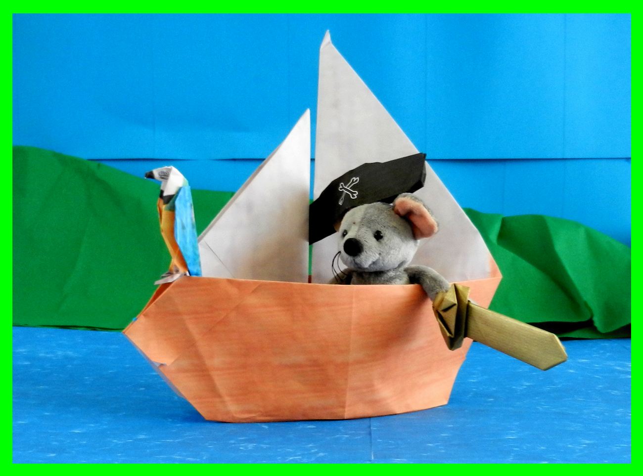 Printable card with an origami pirate ship