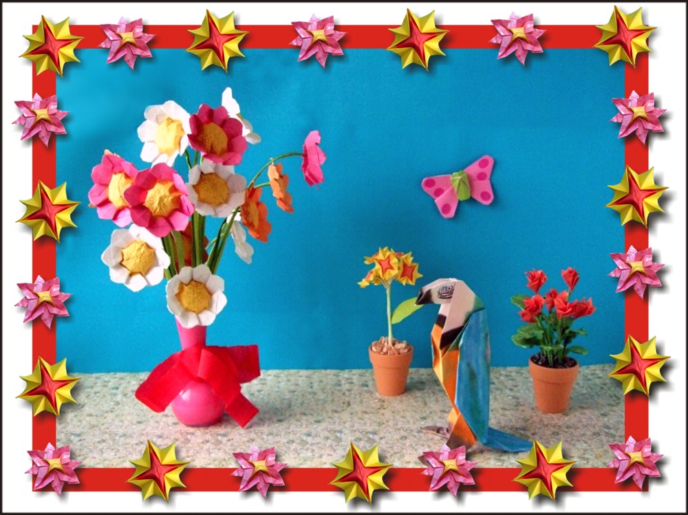 free printable card with origami daisies and a funky parrot