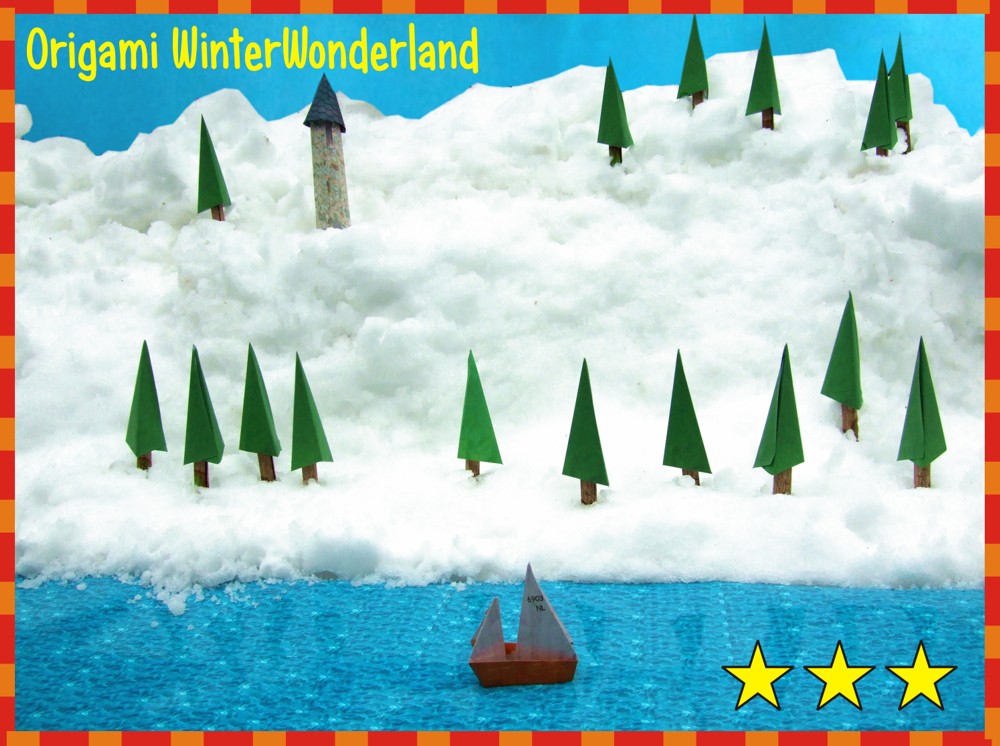 printable card with an origami winter wonderland