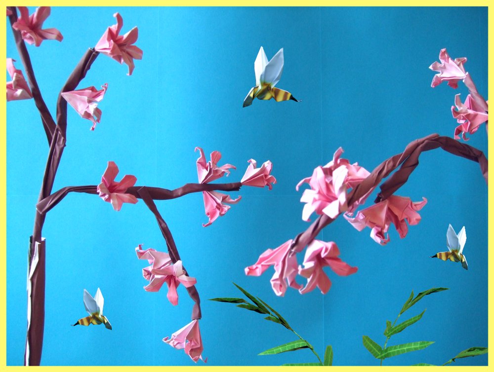 printable card with lots of origami cherry blossoms
