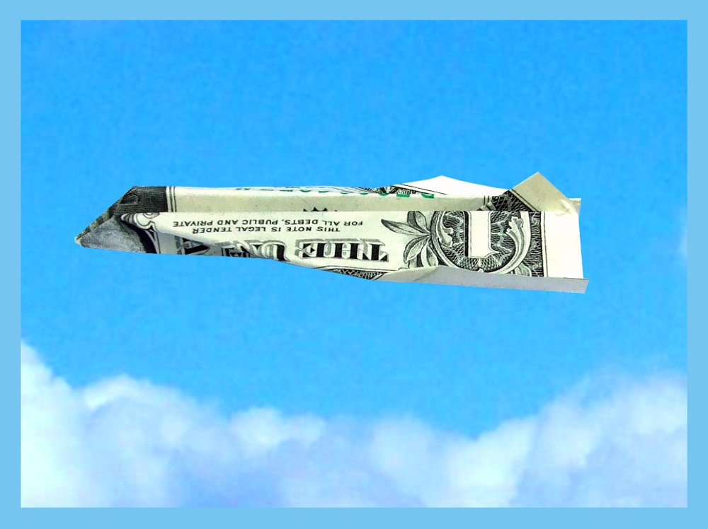 free printable card with an origami dollar bill plane