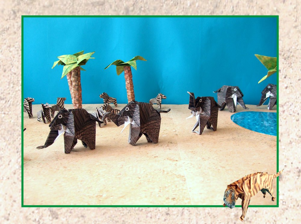 printable card with origami elephants in the desert