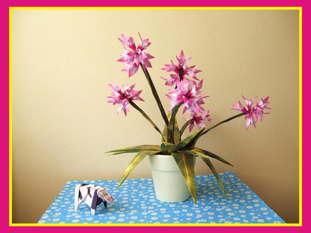 free card with pink origami flowers in a pot