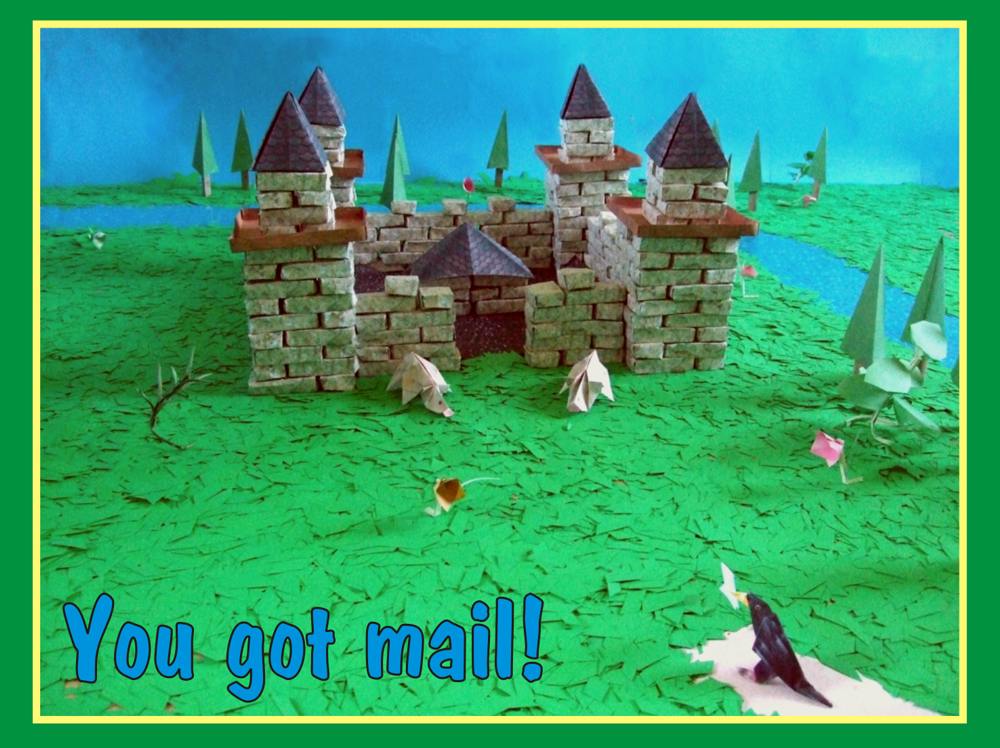 free card with a medievel origami castle