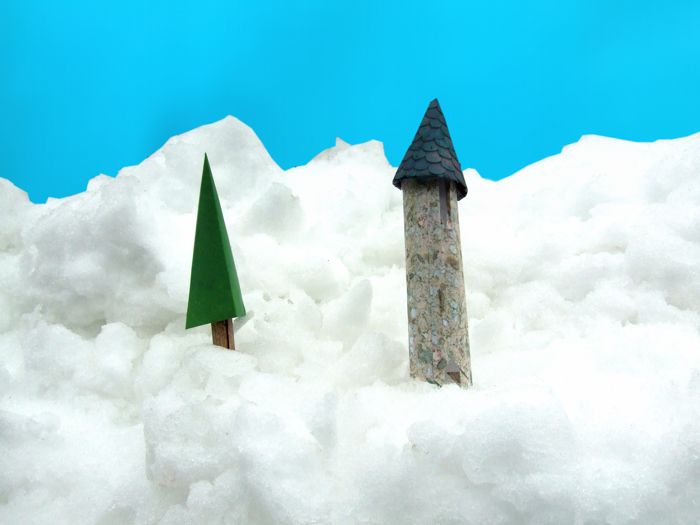 origami tower outside in real snow