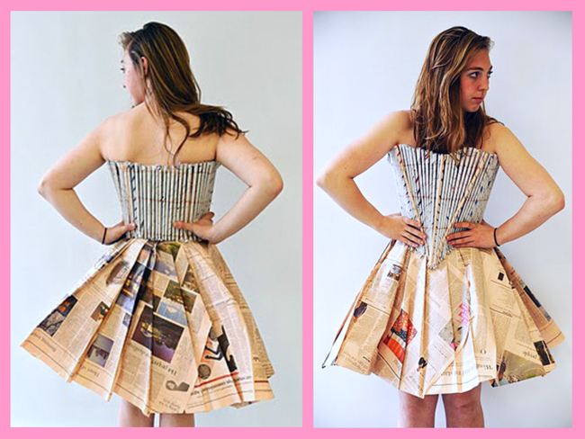 girl in an origami newspaper dress