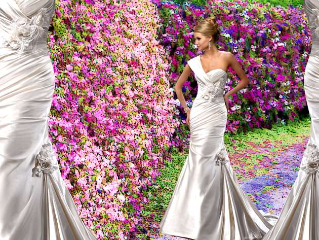Bruid met prachtige jurk in een bloementuin