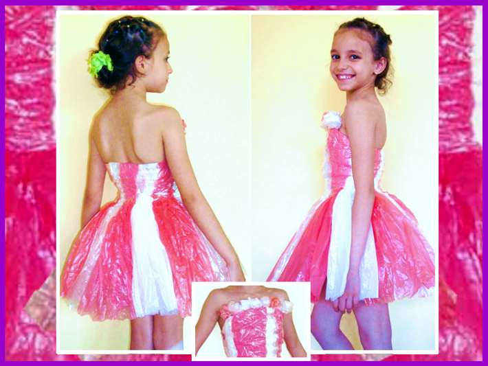 Pink and white plastic bag dress