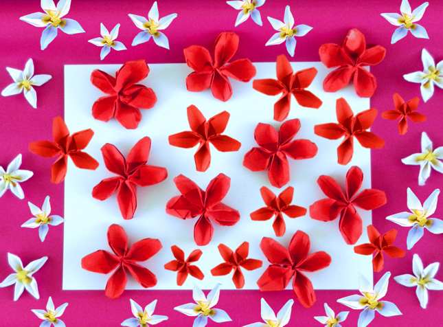Rode en witte gevouwen bloemen van papier
