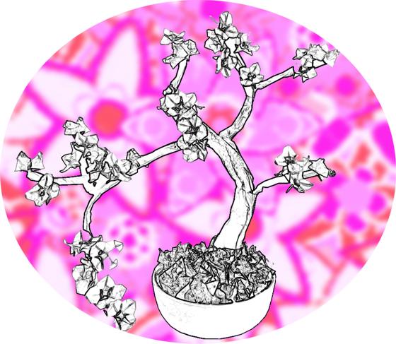 Tekening van een Bonsai Plant met Bloemen