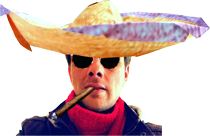 man met een sombrero van papier op zijn hoofd