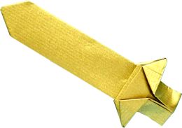 clipart van een goudkleurig speelgoed zwaard van papier