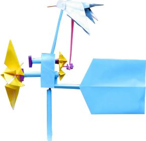 zelfgemaakte windwijzer met bewegende vogel van papier