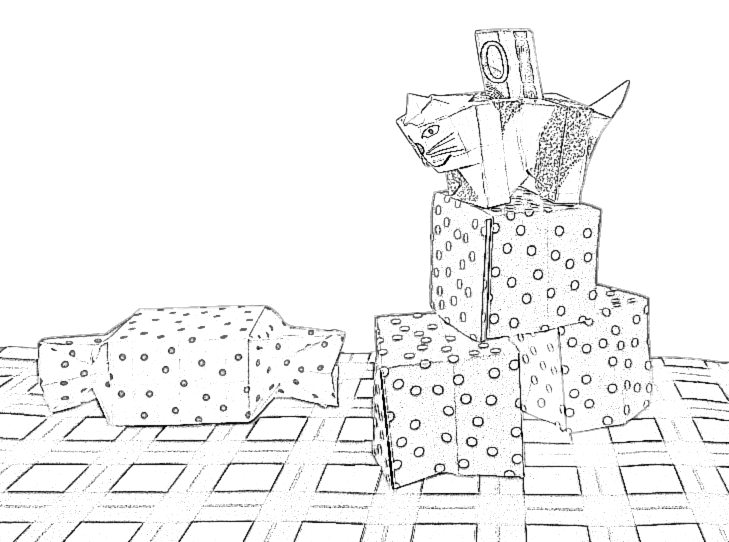 Colouring picture of an origami catbank and cute polkadot boxes
