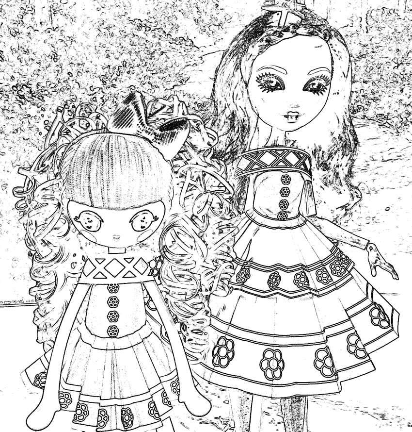 Girls dolls in a dress coloring page