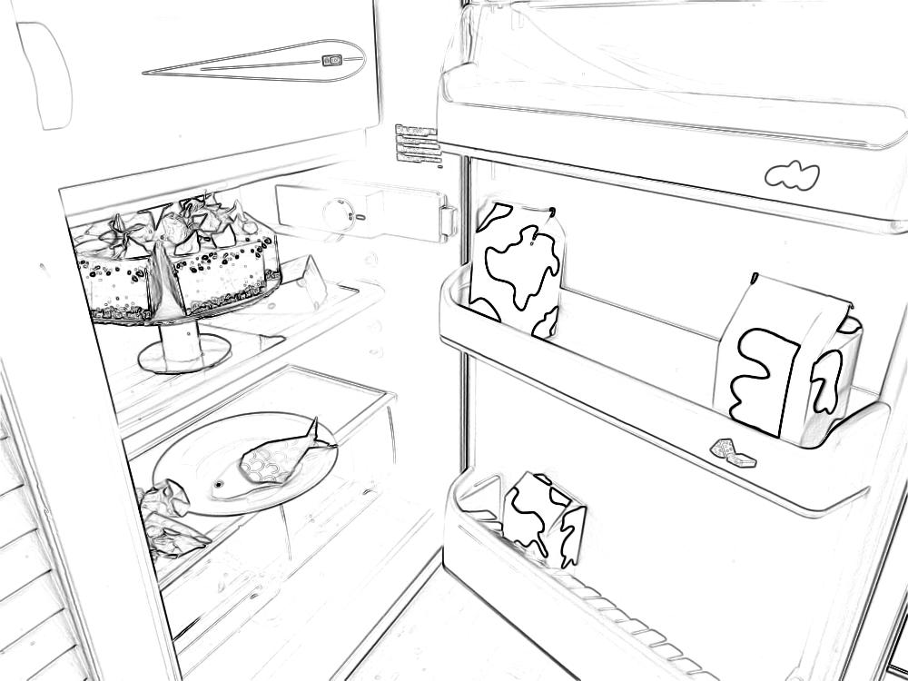 Colouring picture of a fridge filled with origami food