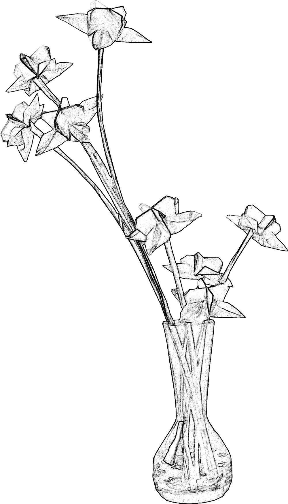 colouring picture of very cute origami flowers in a vase
