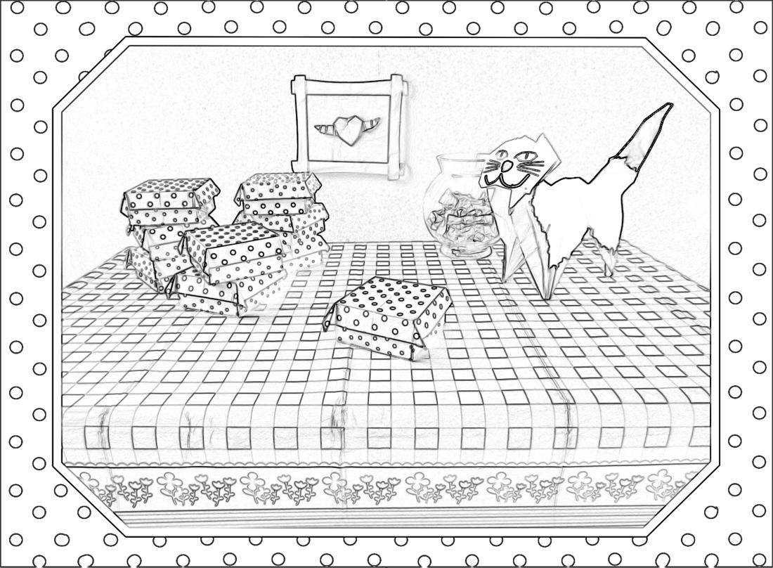 Colouring picture of origami polka dot boxes and a cute cat