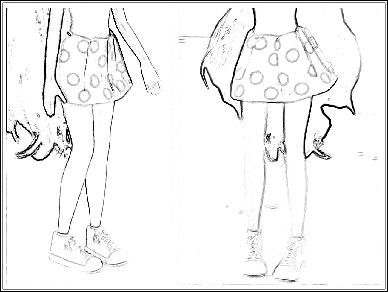 Colouring picture of a girl in origami polka dot summer skirt