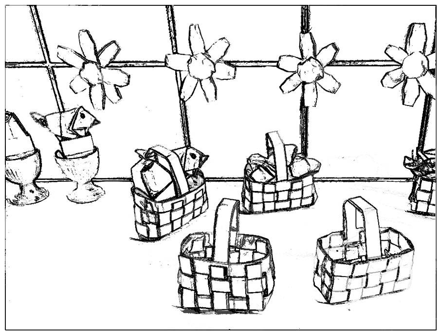 Easter coloring page with baby chickens and baskets