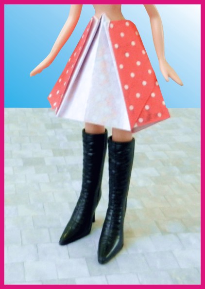 origami polka dot skirt and black boots with high heels