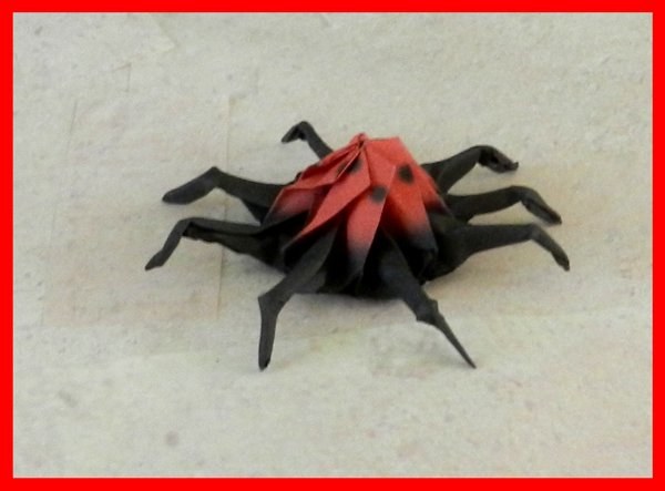 zwart met rode origami spin van papier