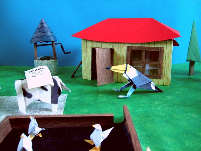 origami chicken farmer at his house