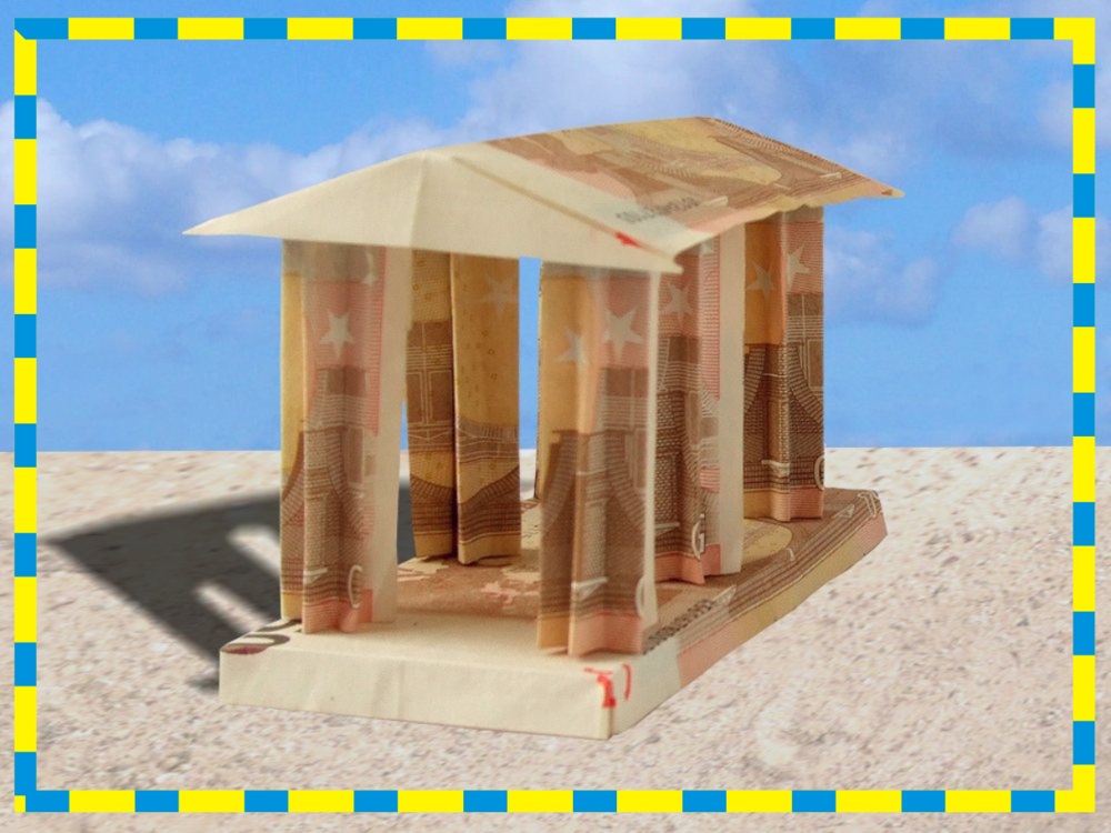 free printable card with a money origami greece building