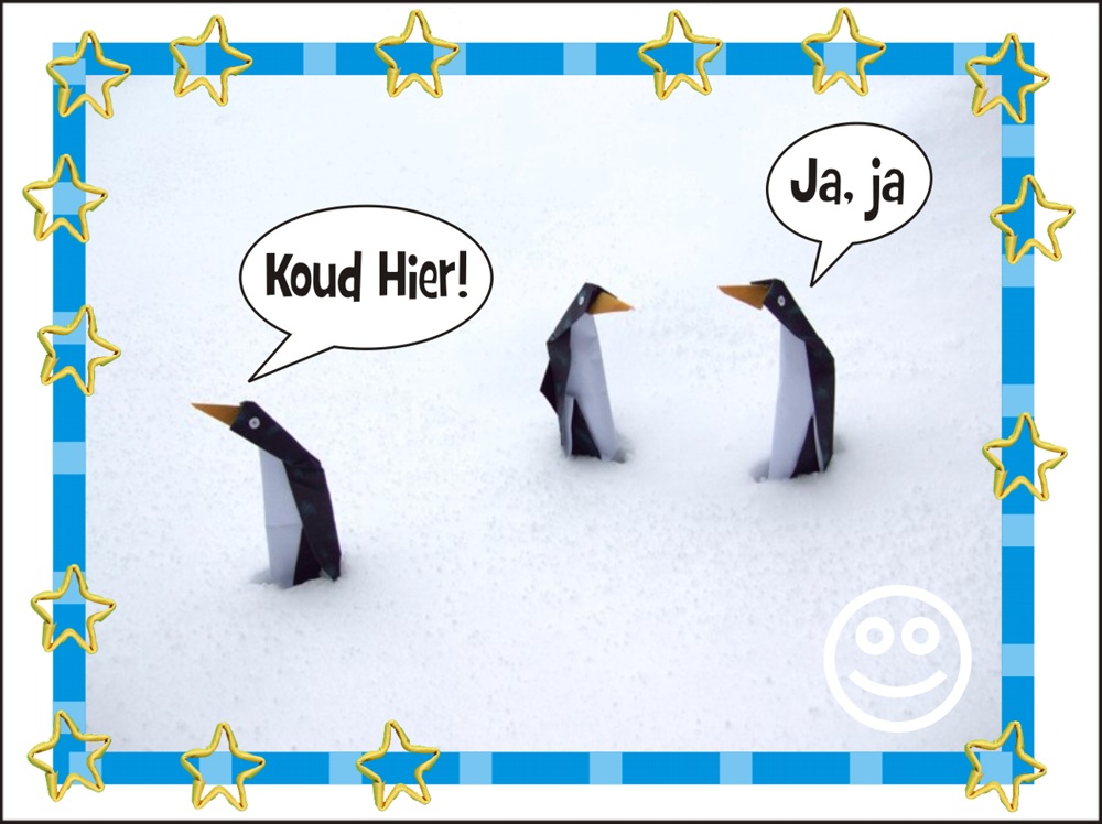 knutselkaartje met pinguins in de koude sneeuw