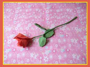 Card with a beautiful red origami rose