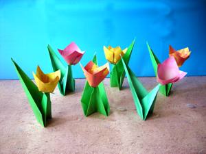 Card with colourful origami tulips
