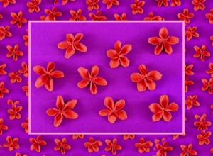 Card with red origami flowers on purple background