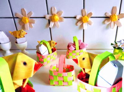 Origami baby chickens in paper Easter baskets