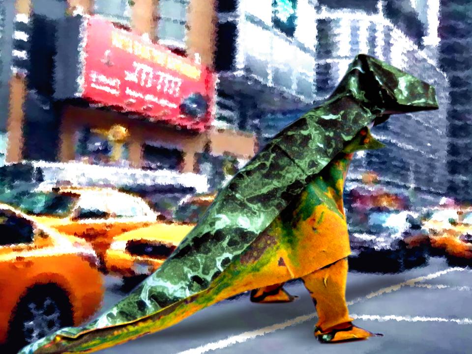 T-Rex dino in een stad
