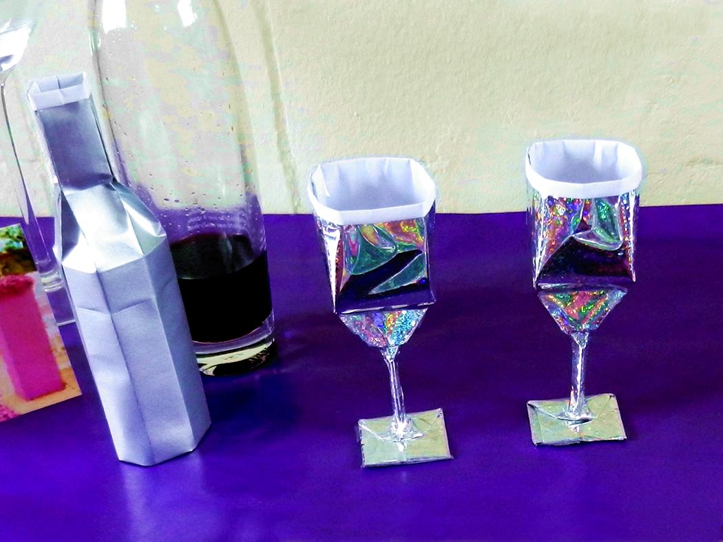 Origami wine glasses and bottle