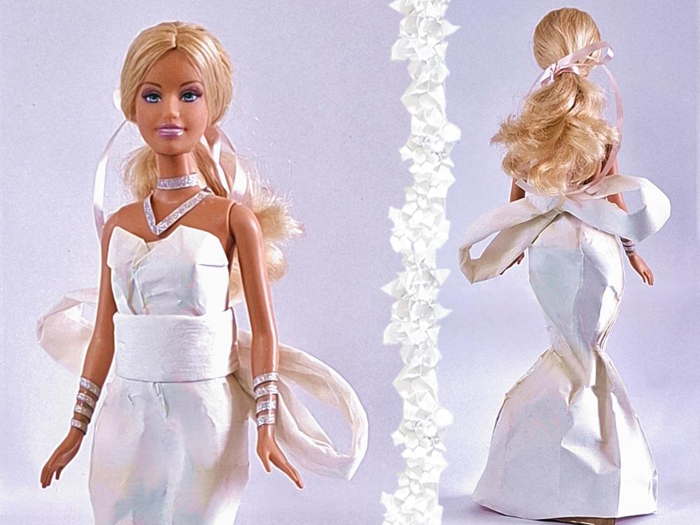 Barbie doll in a paper Mermaid gown