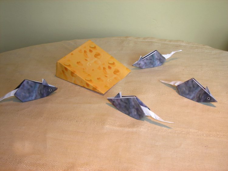 Card with origami mouses eating cheese